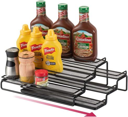 Spice Rack Cabinet Organizer, 3 Tier Expandable Pantry Display Shelf with Protection Railing (Black)