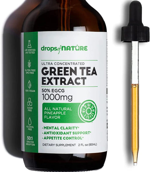 Green Tea Extract - 1000mg - 50% EGCG - Green Tea Liquid Drops, 4x more Powerful than Pills & Capsules - 2oz. Antioxidant & Immune Supplement - Vegan Skin & Heart Support + Brain Health & Memory Boost
