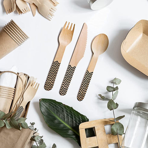Breezy Green Disposable Wooden Cutlery- 150 Set, Eco-Friendly and Biodegradable Utensils, Dinner Flatware, Weddings, Party, 50 Spoons, Knives, Forks
