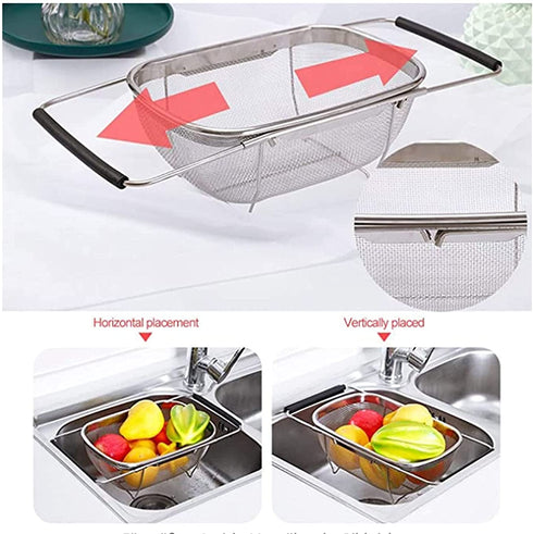 HOJKMA Over the Sink Colander, 4 Quarts Stainless Steel Expandable Oval Strainer Basket Colander with Rubber Grip Handles Fine Mesh Colander for Kitchen Sink, Strain, Drain, Rinse Fruits, Vegetables