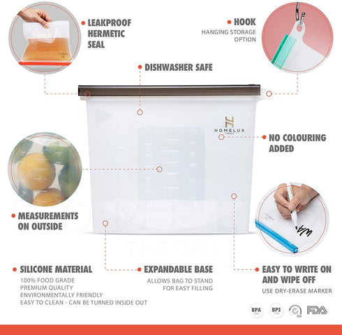 Homelux Theory Reusable Silicone Food Storage Bags | LEAKPROOF, AIRTIGHT | 100% Food Grade Silicone | Keep fruit, snacks, veggie, sandwich fresh | travel picnic lunch (2 Large + 2 Medium + 2 Small)