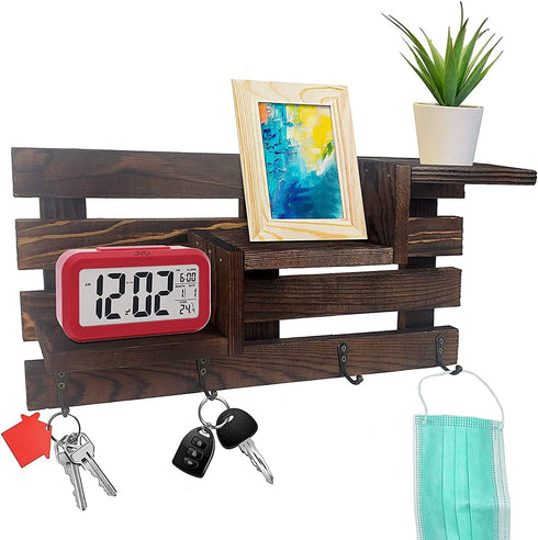 Hivory Wall Mounted Display Shelf with Key Holder ~ 4 Key Hooks Wall Organizer ~ Entryway Decorative Shelf with Hooks ~ Wooden Wall Mount Organizer for Keys (Rustic Brown)