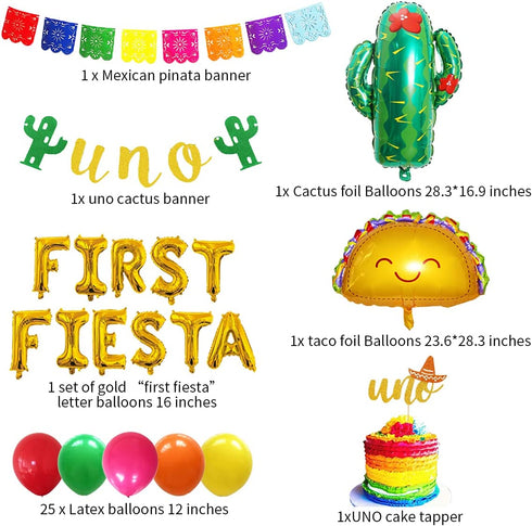 First Fiesta Birthday Decorations - Mexican 1st Birthday Party Supplies Gold First Fiesta Balloons, Mexican Uno Cactus Banner Cake Topper for Taco Bout Uno Cinco De Mayo Party Decor