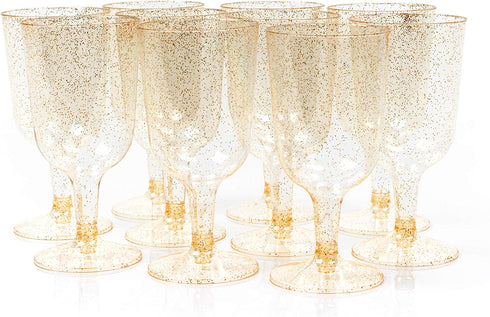 MATANA 50 Gold Glitter Plastic Wine Glasses for Weddings & Parties, 6oz - Sturdy & Reusable