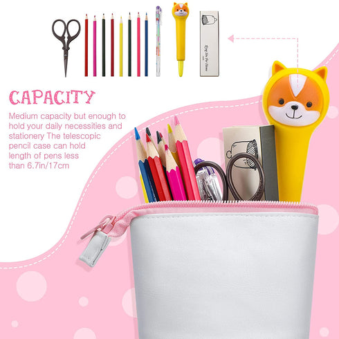 3 Pieces Telescopic Pencil Case Transformer Standing Stationery Pencil Holder Canvas Dual-Use Pop-up Stand Pencil Bags with Zipper for School Office College (Pink, Yellow, Blue)