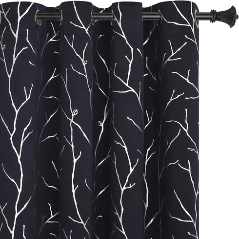 BUHUA Thermal Insulated Curtains Blackout Grommet Thermal Insulated Shinny Tree Branches Print Curtain for Bedroom,Navy Blue,38W x 72L, Set of 2 Panels