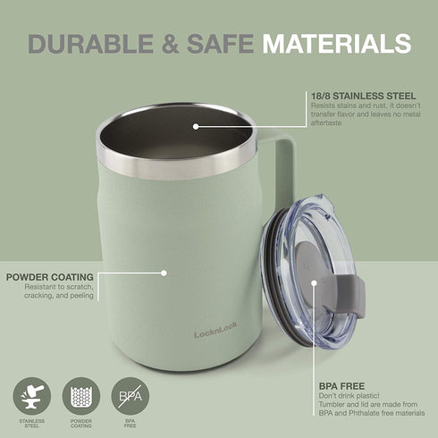 LocknLock Stainless Steel Double Wall Insulated with Handle, Lid, 16 oz, Mint Metro Mug