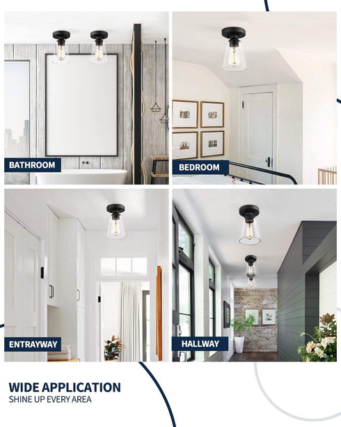 Cone Flush Mount Ceiling Light, HANASS 1-Light Black Ceiling Light Fixture, Farmhouse Light Fixture with Clear Glass Shade for Bedroom Hallway Dining Room Bathroom Corridor, MX99987-1