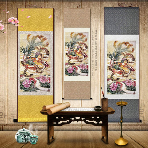 Zzooi Chinese Lucky Painting Dragon and Phoenix Wall Art Hanging Silk Art Prints,Asian Spiritual Animals Painting