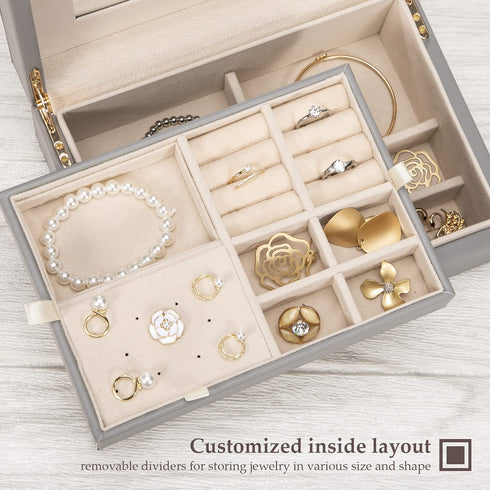 LANDICI Jewelry Box Organizer for Women Teen Girls, Large Jewelry Storage Case with Mirror and 2 Layer Removable Tray, Leather Jewellery Display Holder for Ring Necklace Earring Bracelets, Grey