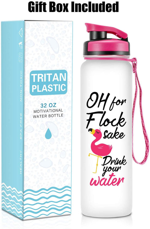 LEADO 32oz 1Liter Motivational Water Bottle with Time Marker - for Flock Sake Drink Your Water - Funny Mothers Day, Flamingo Birthday Gifts for Women, Friends, Mom, Daughters, Sister, Wife, Coworkers