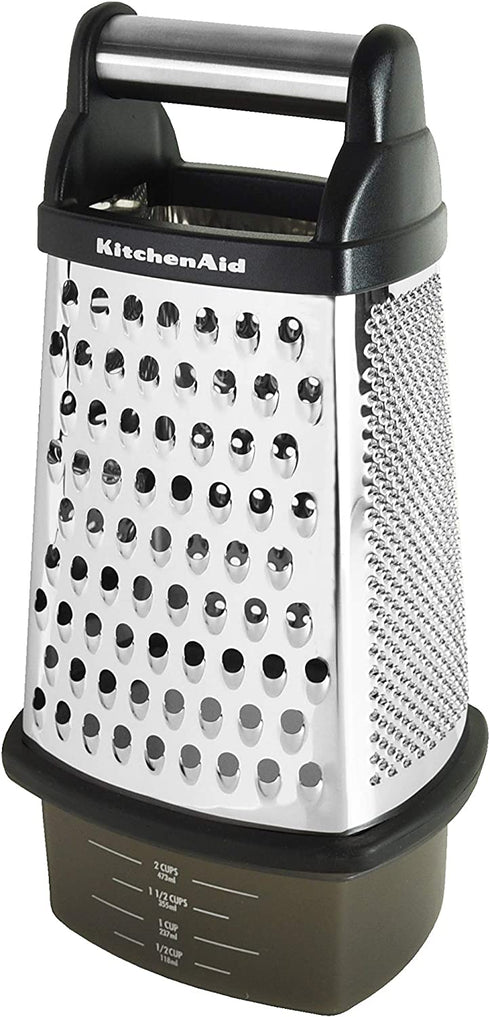 KitchenAid Gourmet 4-Sided Stainless Steel Box Grater with Detachable Storage Container, 10 inches tall, Black