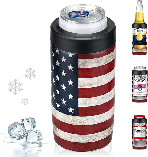 Maxso Slim Can Cooler, 4-in-1 Double Walled Stainless Steel Insulated Beer Can Holder, Works With All 12 Oz Cans,Bottles & As A Pint Cups | America Flag