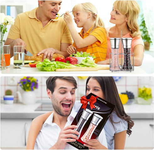 Professional Stainless Steel Salt and Pepper Grinder Set with Stand Manual Spice Adjustable Coarseness with Five Grinding Level Pepper Mill Grinders Shakers Gift Set with Silicone Funnel (Pack of 2)