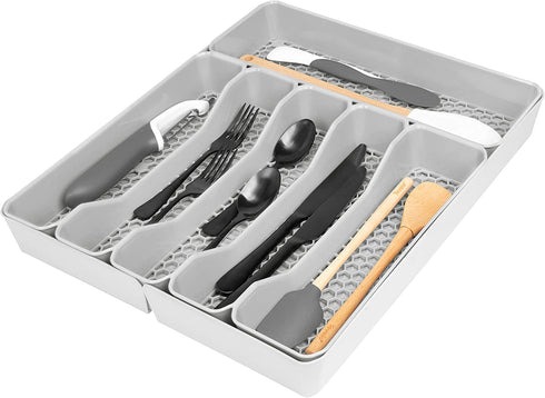 Spectrum Diversified Hexa 6-Divider Silverware Buildup-Resistant Drawer Organizer & Utensil Holder with Locking Expandable Wings, Easy-to-Clean Modern Kitchen Storage & Cutlery Tray, Stone Gray