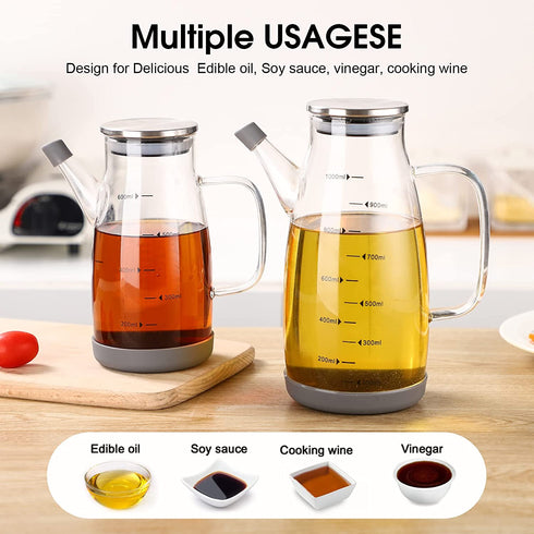Glass Olive Oil Bottle Dispenser - 20 Ounce Large Glass Oil Dispenser Bottle with Lid and Stopper, Leakproof Glass Oil and Vinegar Dispenser With Measurement, oil dispenser bottle for Kitchen Cooking and Barbecue (600ml/20oz)