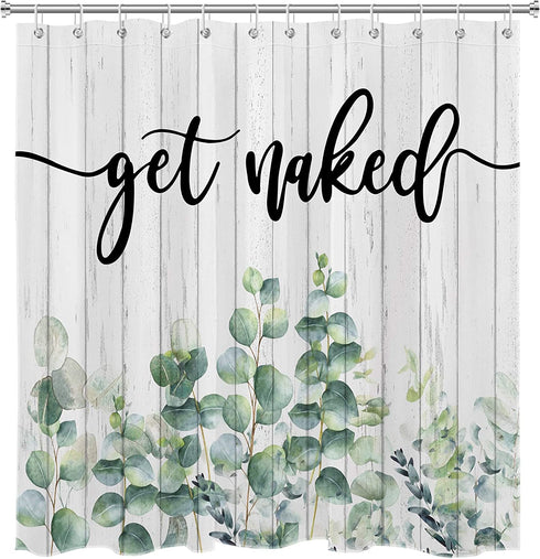 HVEST Get Naked Shower Curtain for Bathroom, Green Eucalyptus Leaf and Funny Text on Rustic Planks Shower Curtain with Hooks Set Polyester Waterproof Fabric Bath Decor Accessories,72x72 Inches