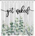 HVEST Get Naked Shower Curtain for Bathroom, Green Eucalyptus Leaf and Funny Text on Rustic Planks Shower Curtain with Hooks Set Polyester Waterproof Fabric Bath Decor Accessories,72x72 Inches