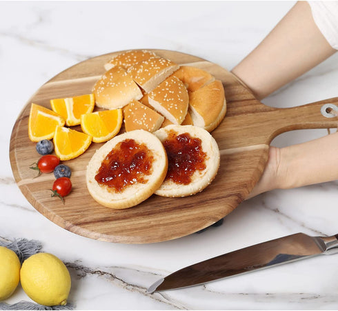 Geesta Acacia Wood Pizza Peel, Round Cutting Board with Handle 12" Wood Cutting Board Decor, Prepare for Cheese Paddle Board, Charcuterie Board, Pizza Peel Serving Large Kitchen Farmhouse Gift