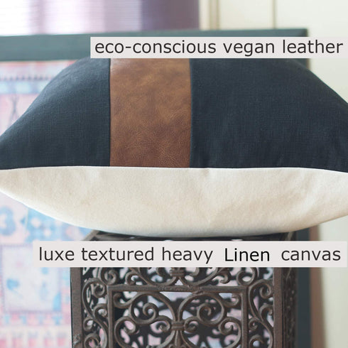Kdays Thick Black Linen Farmhouse Lumbar Throw Pillow Cover Black Brown Color Block Decorative Linen Faux Leather Ticking Stripe Cushion Pillowcase Modern Sofa Couch Pillow Cover 12x20 Inches