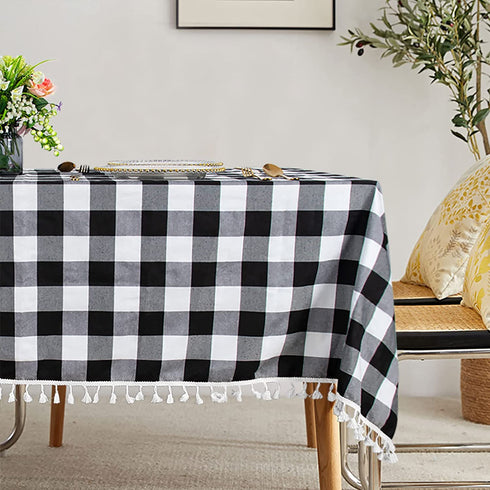 AMZLOKAE Checkered Tablecloth Rectangle 54''x80'' Black and White Buffalo Plaid Tablecloth Tassel Tablecloth Gingham Tablecloth for Kitchen Dining Anti-Fading Cotton Table Cover Christmas Decor
