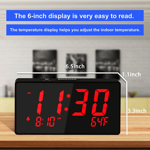 BOCTOP Desk Digital Alarm Clock, Large Numbers Red 6" LED Display, with USB Port for Charging, 0-100% Brightness Dimmer, Temperature, Snooze , Adjustable Alarm Volume?Small Bedside Clocks.
