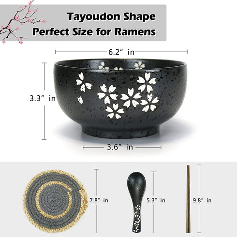 Bestjing Japanese Ramen Bowl set, Porcelain Bowls with Carved Sakura Patterns, 100% Hand-Finished, 32oz Large for All Purpose. Noodle bowl with Matching Spoon, Chopsticks &Bowl placemats, 4pc&Set of 1