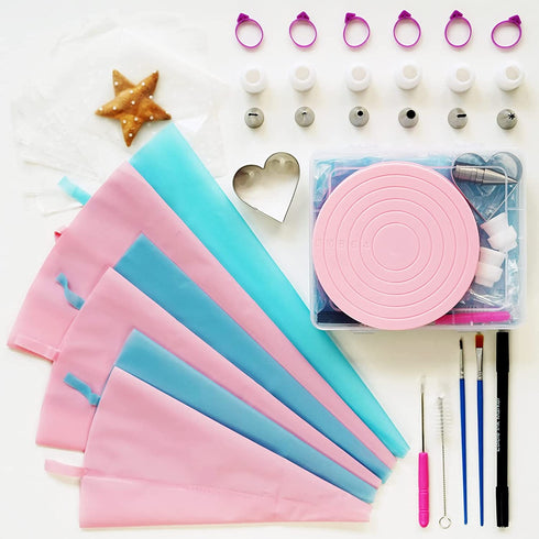 Cookie Decorating Supplies Kit 82Pcs With Storage Box, Sugar Cookies Turntable Set With 6 Piping Tips and Bags, Scribe Needle, Brush, Ideal Beginner Decorator Lover Kids Gift Holiday Easter Valentine