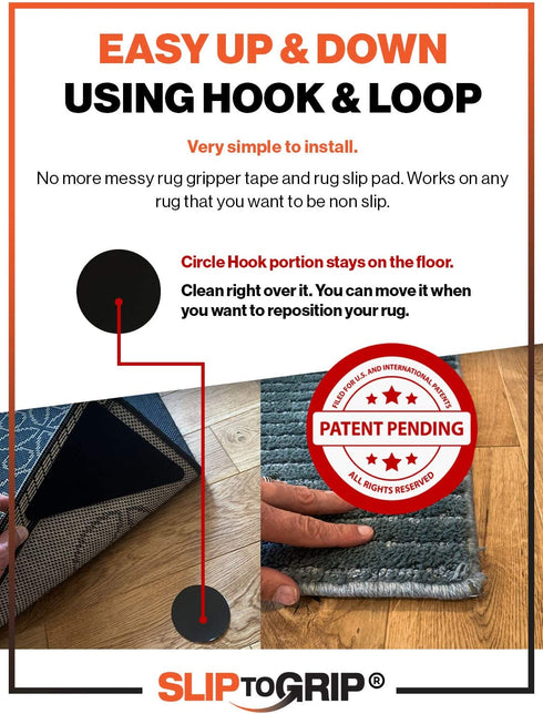 Hook and Loop Large Size Rug Corners - 4 Corner Pack Anti Slip Triangle Gripper - Easy to Lift, No Curling, Anti Skid - Reusable Gel Gripper for Hardwood Floors, Tiles, Hallaway Large Runner- Patented