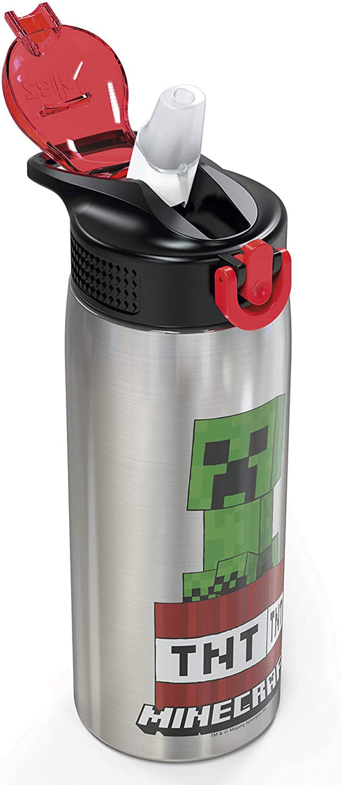 Zak Designs - MICI-V151 Zak Designs 27oz Minecraft 18/8 Stainless Steel Water Bottle with Flip-up Straw Spout and Locking Spout Cover, Durable Cup for Sports or Travel (27oz, Minecraft Creeper)