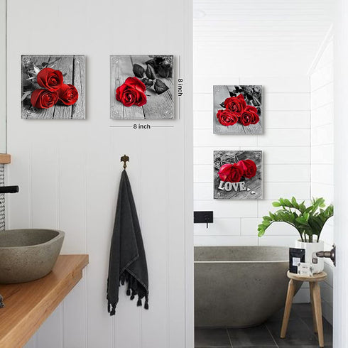 Red Rose Bathroom Wall Art Black and White Flower Canvas Prints Picture Bedroom Wall Decor Aesthetic Floral Painting Modern Romantic Kitchen Artwork Poster Decorations Wooden Framed 8x8 Set of 4