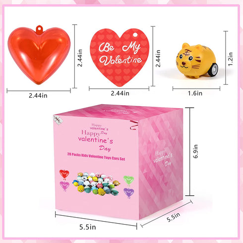 Kids Valentine Toy Cars Set, 28Pcs Animal Pull Back Cars Filled Hearts and Valentine Cards in 4 Colors for Kids Valentine Classroom Gift Exchange/Valentine Party Favors/Game Prizes/Carnivals Gift