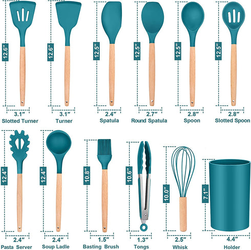 TeamFar 12Pcs Kitchen Cooking Utensils Set, Silicone Kitchen Gadgets Utensil Set for Nonstick Cookware with Wooden Handle, Spatula Spoon Turner, Non-Toxic & Non-Stick, Heat-Resistant, Blue