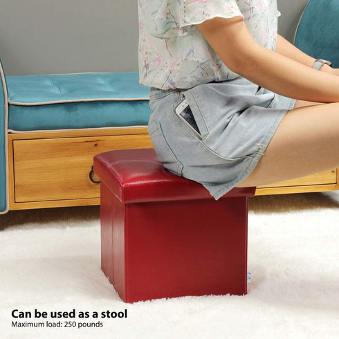 B FSOBEIIALEO Folding Storage Ottoman, Faux Leather Footrest Seat Coffee Table Toy Chest for Kids, Red 11.8"x11.8"x11.8"