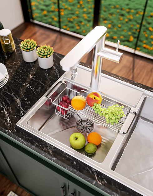 Telescopic Sink Caddy Sponge Holder, Expandable 13-3/4" to 18" Kitchen Sink Organizer with Dish Clothes Hanger for Brush Dishwashing Liquid, Over Sink Rack Rustproof & Non-Slip, Stainless Steel