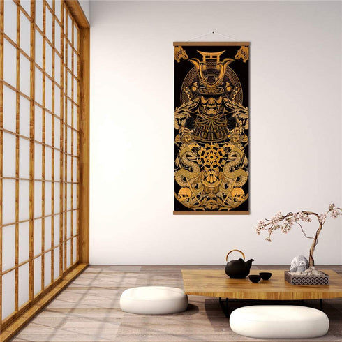 Warrior™s Dreams Canvas Wall Art Print Poster Armored Helmet Samurai spirit with Scroll Wood Framed Ready to Hanger Home Karate Hall Sushi Restaurant Decor 16?x35?