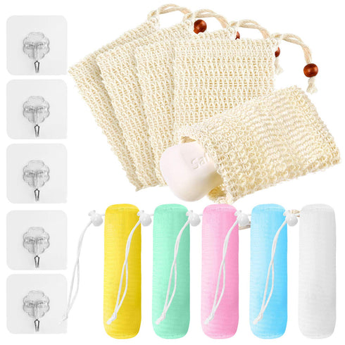 10 Pcs Soap Saver Bag Exfoliating Pouch Mesh and Natural Sisal Soap Bag Ramie Soap Sock Bag Sisal Loofah Net Bags 5 Wall Hooks for Massaging & Scrubbing 5 Wall Hooks