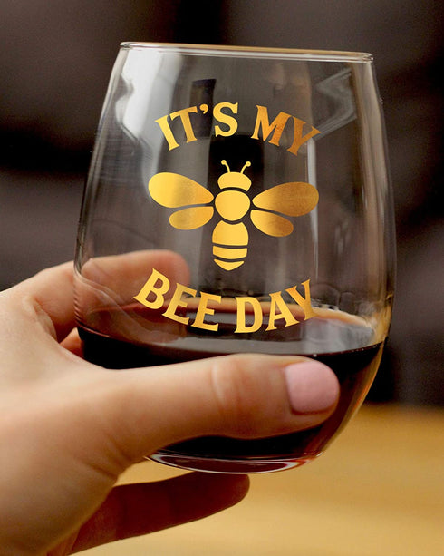 Bee Day - Funny Birthday Stemless Wine Glass for Women and Men - Bumblebee Bday Gifts Party Decor - Large 15 oz - Gold