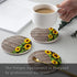 ZEREAA Sunflowers Absorbent Coasters for Drinks-Creamic Coaster with Holder, Set of 6 Wood Texture Ceramic Stone Cups Coaster with Cork Base for Coffee, Living Room Bar Office Table Decor