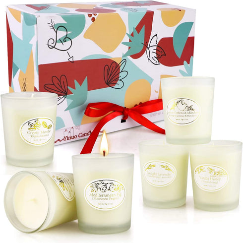 FKJOL Scented Candles Gift Set, 6 Natural Soy Wax Aromatherapy Candle with Essential Oil for Stress Relief, Smoke-Free Strong Fragrance Long Lasting Candles for Bath Home Women,White,YB6P