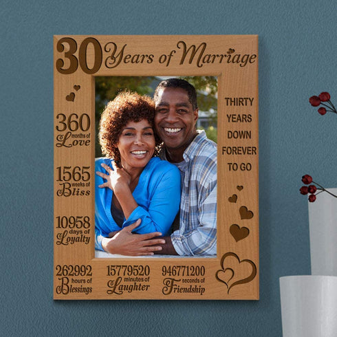 KATE POSH 30 Years of Marriage Engraved Natural Wood Picture Frame, 30th, Husband and Wife, 30 Years Down Forever to Go (4x6-Vertical)
