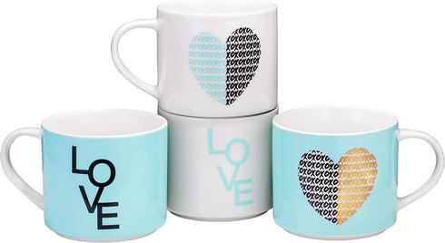 Set Of 4 Stacking Mugs Inspirational Coffee/Tea Novelty Mug set, Funny Mug Gift Set - Him And Her Gifts - Christmas Gift - Holiday, Birthday, Valentine Day Gifts. 14 Oz. Blue
