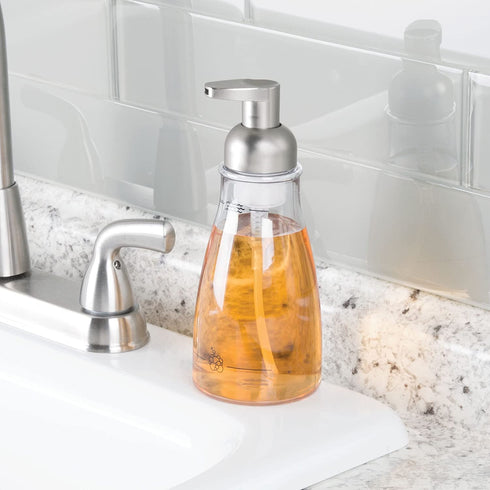 iDesign Slate-3 x 7.5 inches, InterDesign Plastic Foaming Soap Pump Dispenser Holds 14 oz. for Kitchen, Bathroom, Sink, Vanity, 3" x 3" x 7.5", Clear and Brushed Nickel, One Size Fits