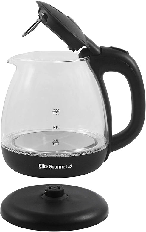 Elite Gourmet EKT1001B Electric BPA-Free Glass Kettle, Cordless 360° Base, Stylish Blue LED Interior, Handy Auto Shut-Off Function Quickly Boil Water for Tea & More, 1L, Graphite Black
