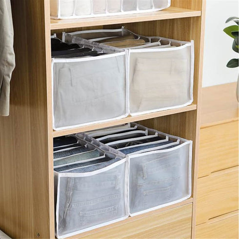 Clothes Organizer, Washable Wardrobe Clothes Organizer,Jeans Compartment Storage Box,Foldable Closet Drawer Organizer Clothes Drawer Mesh Separation Box (2 X jeans with 7 Grids-Large, White)