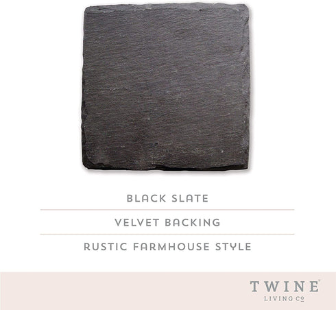Twine Square Slate Coasters, Modern Square Coasters, Slate with Velvet Backing, Protect Tables and Surfaces, Black, Set of 4