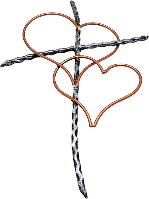 Silver Toned Metal Wall Cross with Two Interwoven Bronze Toned Hearts, 19 1/2 Inches
