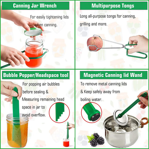 Canning Supplies, Canning Kit, Stainless Steel Canning Set for Beginner, Canning Supplies Starter Kit, Canning Accessories, Canning Equipment for Canning Pot, Home Food Canning Essential Tools - Green