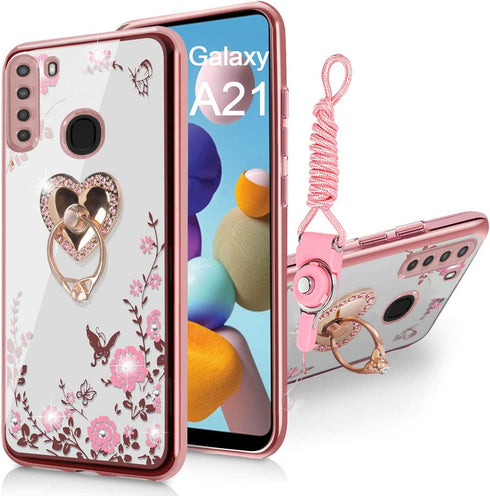 B-wishy for Samsung Galaxy A21 Case for Women, Glitter Crystal Butterfly Heart Floral Slim TPU Luxury Bling Cute Protective Cover with Kickstand+Strap for A21(Rose Gold)
