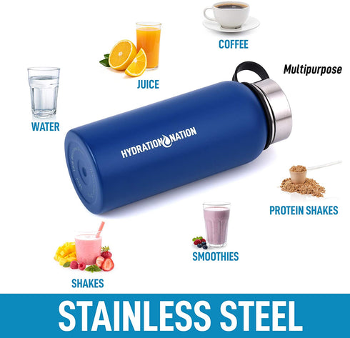Hydration Nation 18oz, 32oz, or 40oz Vacuum Insulated Water Bottle - Metal Water Bottle For Sports & Outdoor - Thermo Stainless Steel Water Bottle With Straw & 3 Lids For Hot & Cold Drinks (Blue)